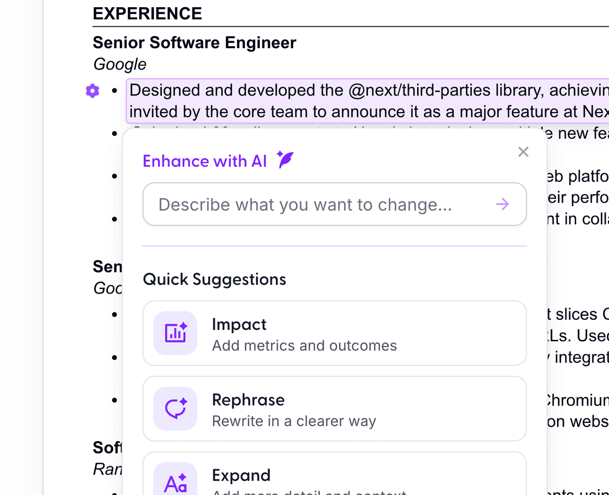 AI Content Enhancement interface showing quick suggestions and custom prompt options